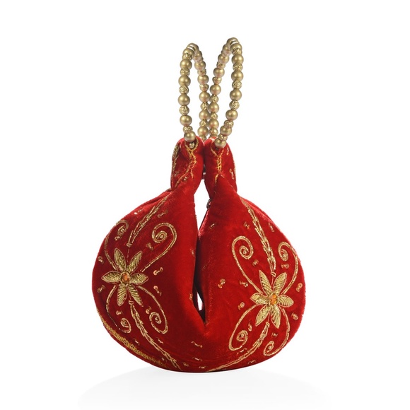 Handbags - Red Velvet w Golden Embroidered Flower Handbag Potli Fortune Cookie Bag